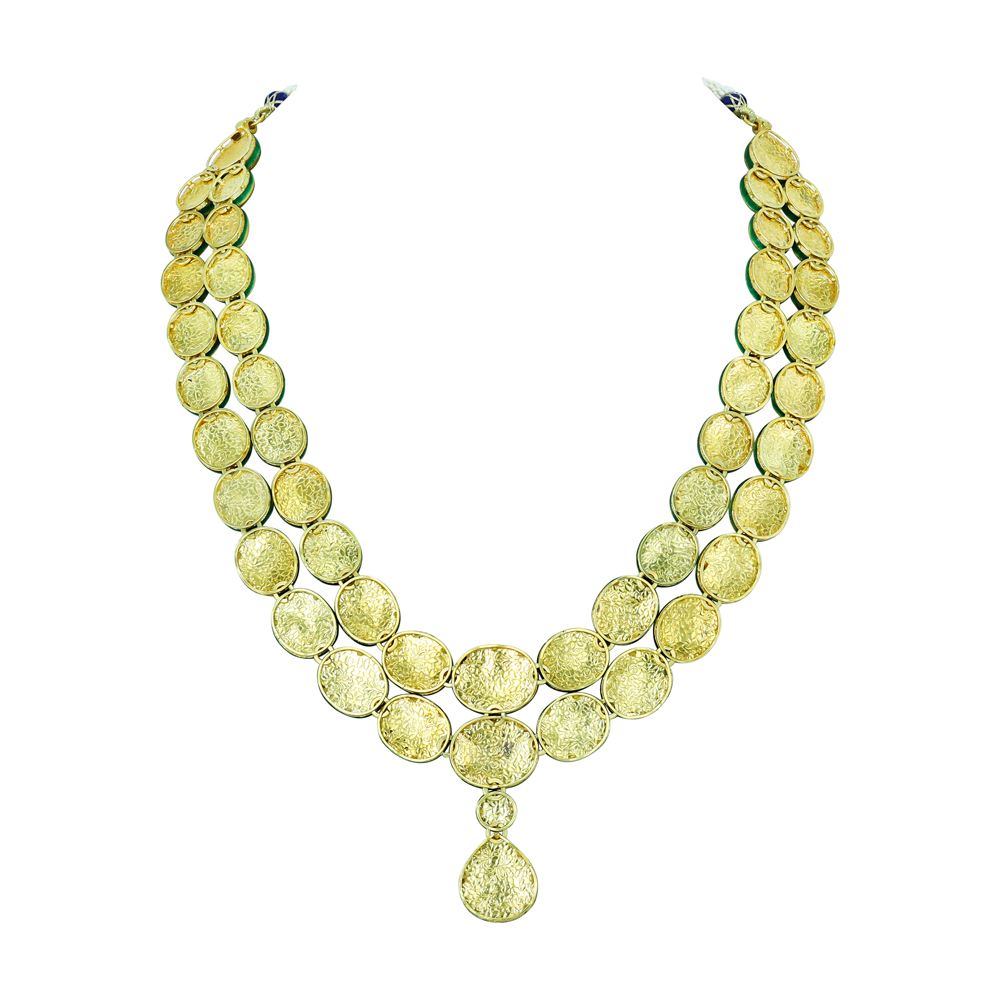 Twin-Line Polki Necklace with Blue Enamel and Pear Pendant